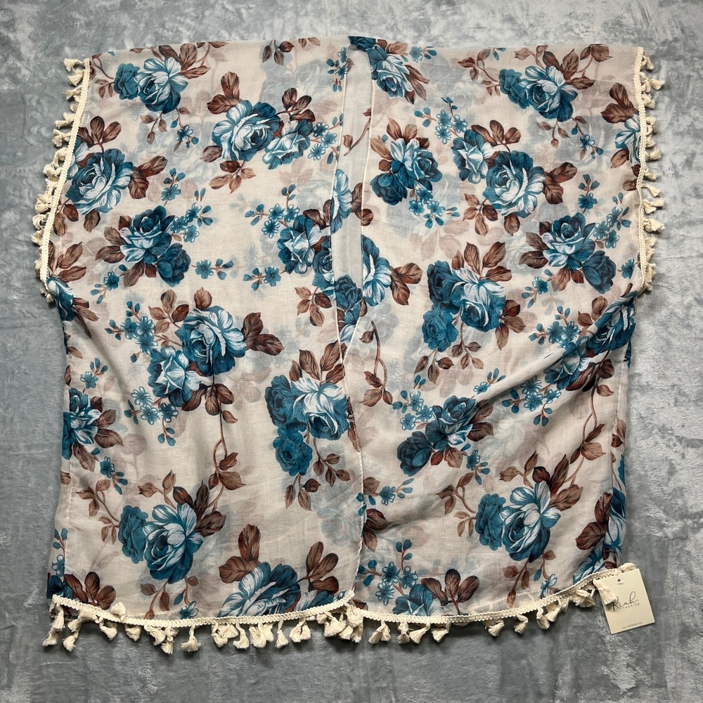Riah Fashion‎ Kimono Wrap Womens Blue Floral Tassel Fringe New One Size